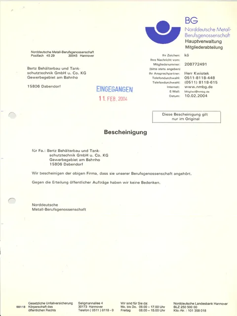 Mitgliedschaft Norddeutsche Metall-Berufsgenossenschaft