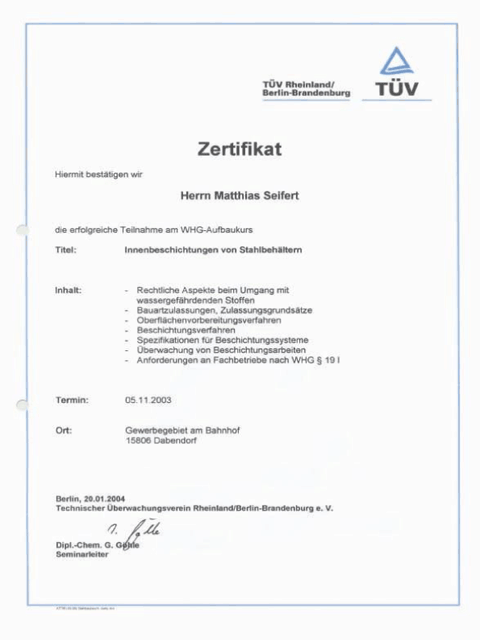 Zertifikat für Sandstrahlen und Korrosionsschutz