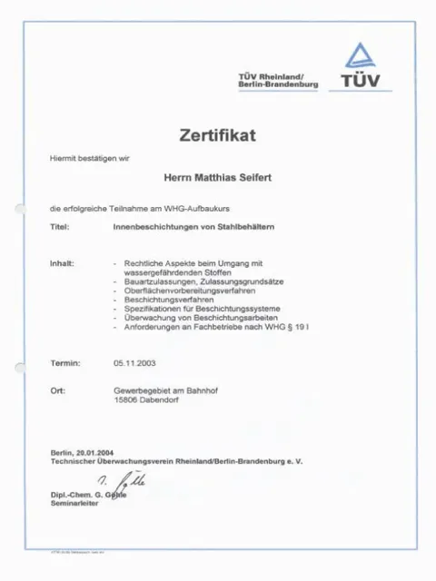 Zertifikat für Sandstrahlen und Korrosionsschutz
