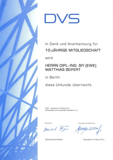 DVS 10-jährige Mitgliedschaft