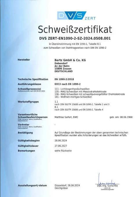 Schweißzertifikat nach EN 1090-2