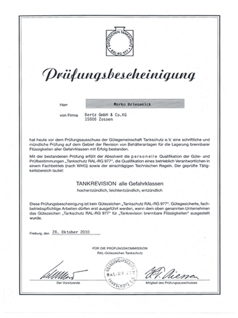 Prüfbescheinigung Tankrevision