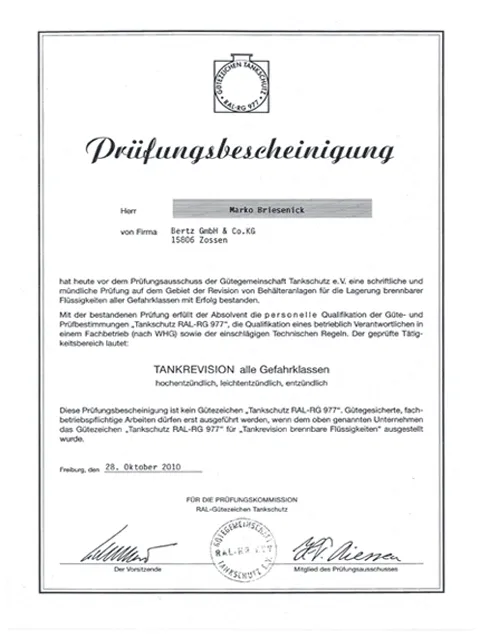 Prüfbescheinigung Tankrevision