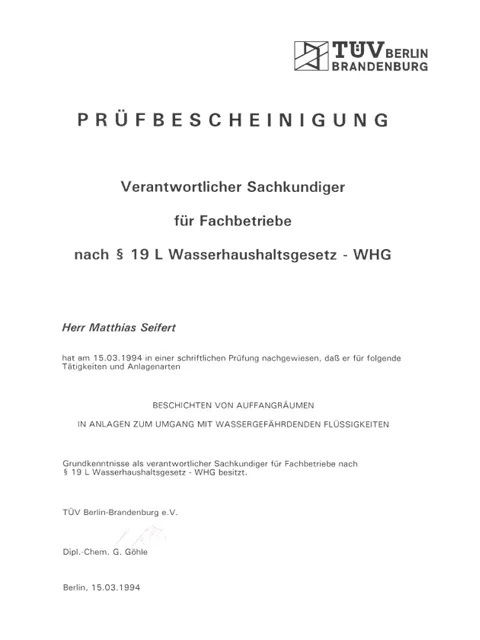 Prüfbescheinigung Fachbetrieb nach § 19 L WHG